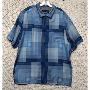 Tommy Bahama 100%Silk Shirt Mens L Blue Geometric Polo Performance Button Up